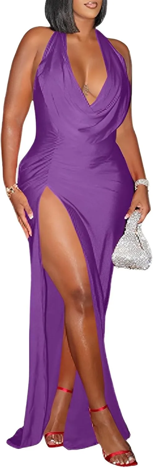 Women's Sexy Halter Sleeveless Summer Dress Backless Deep V Neck High Slit Bodycon Maxi Dresses Party Gowns Clubwear