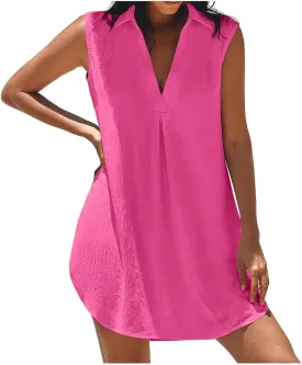 XOWRTE Womens Casual Cotton Linen Mini Dress Summer Dresses Lapel V Neck Sleeveless Tank Dress Pleated Flowy Sundress 2025