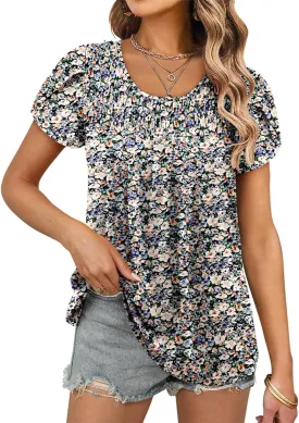 ZOLUCKY Womens Short Sleeve Shirts Floral Summer Tops Ladies Tunic Tops Loose Fit Tunics