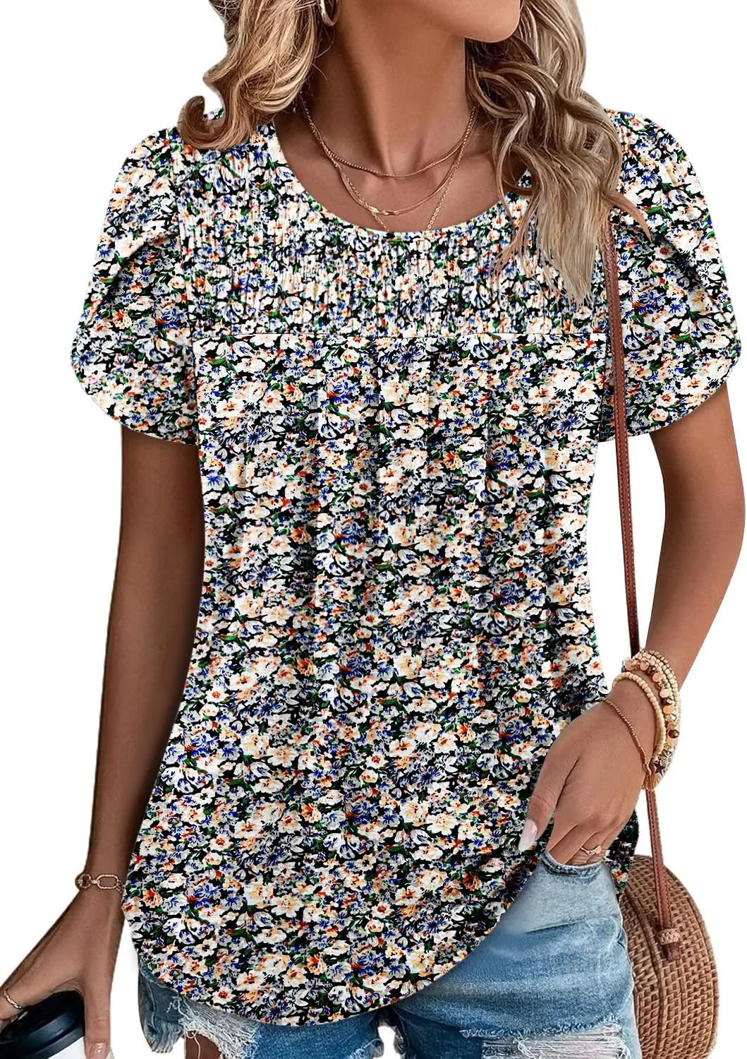 ZOLUCKY Womens Short Sleeve Shirts Floral Summer Tops Ladies Tunic Tops Loose Fit Tunics