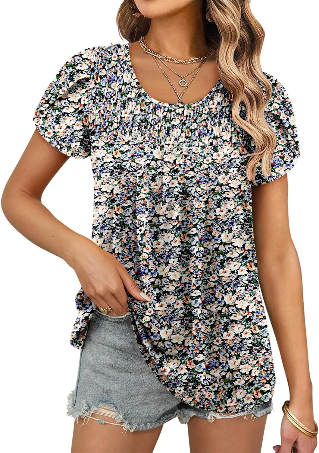 ZOLUCKY Womens Short Sleeve Shirts Floral Summer Tops Ladies Tunic Tops Loose Fit Tunics