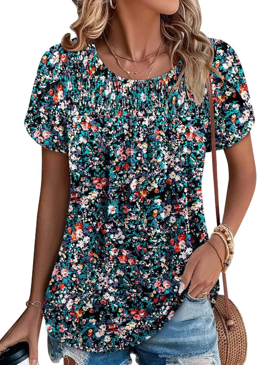 ZOLUCKY Womens Short Sleeve Shirts Floral Summer Tops Ladies Tunic Tops Loose Fit Tunics