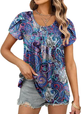 ZOLUCKY Womens Short Sleeve Shirts Floral Summer Tops Ladies Tunic Tops Loose Fit Tunics