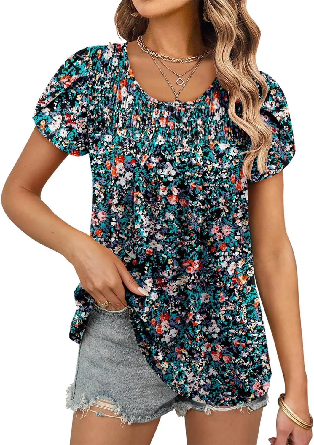 ZOLUCKY Womens Short Sleeve Shirts Floral Summer Tops Ladies Tunic Tops Loose Fit Tunics