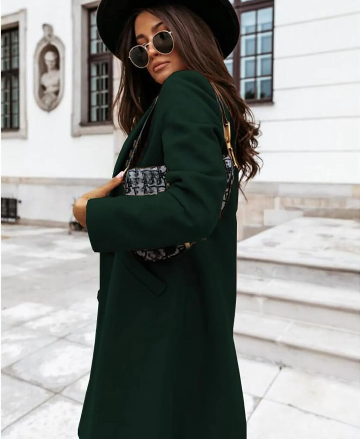 ZWRXW Women Winter Wool Blend Coat Single Breasted Casual Notched Lapel Collar Mid Long Peacoat Trench Jackets with Pocket