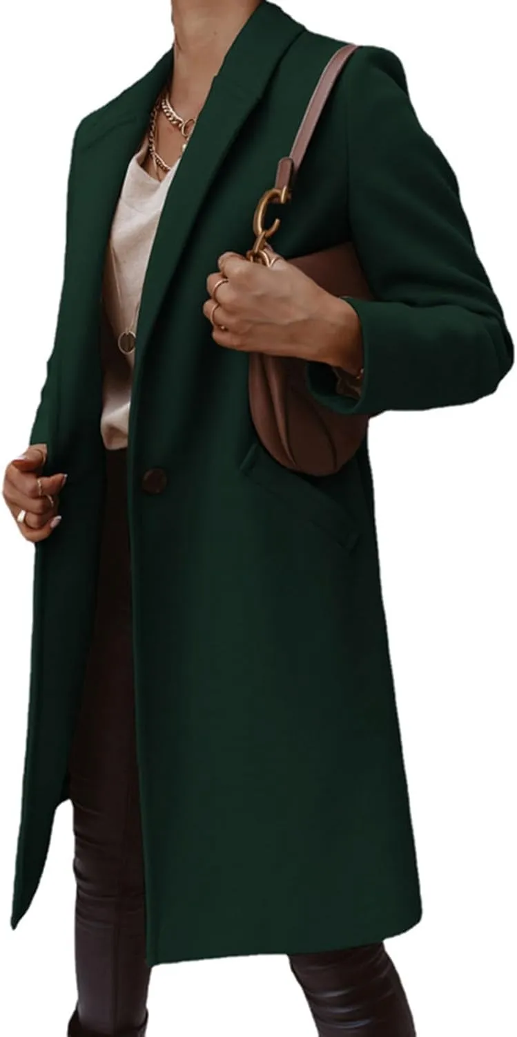 ZWRXW Women Winter Wool Blend Coat Single Breasted Casual Notched Lapel Collar Mid Long Peacoat Trench Jackets with Pocket